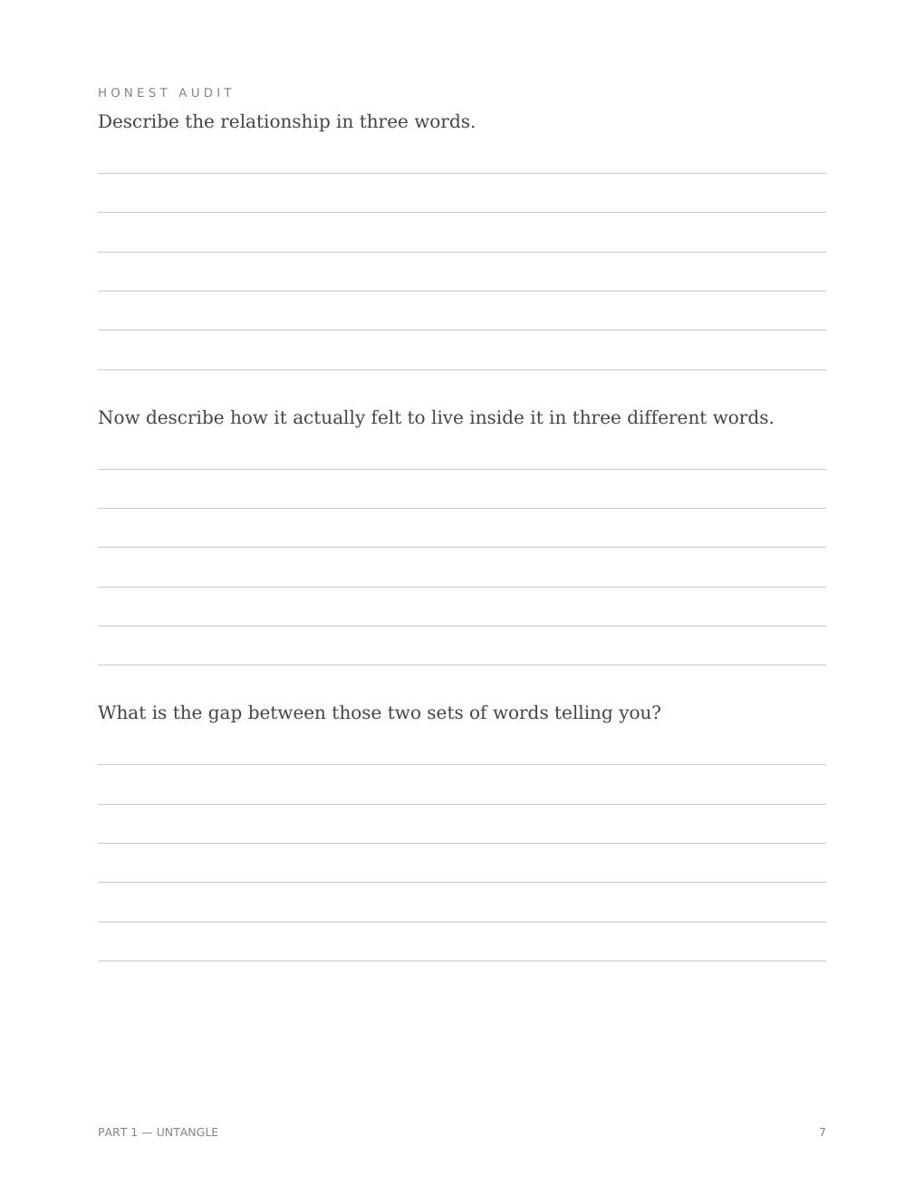 Workbook page asking readers to describe the relationship and how it felt